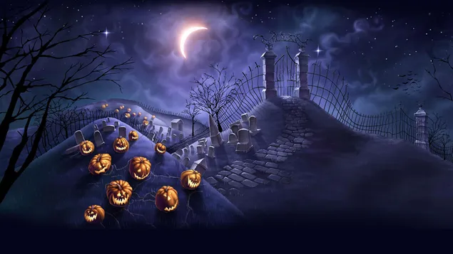 Pompoenen op de begraafplaats bij halloween HD achtergrond
