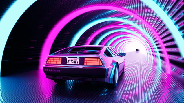 Lila Auto fährt in einen Tunnel mit Neonlichtern 4K Hintergrundbild