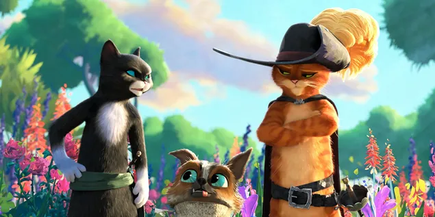 Ταπετσαρία Εικόνα κινουμένων σχεδίων Puss in Boots The Last Wish ασπρόμαυρη γάτα, σκύλος και γάτα με μπότες 2K