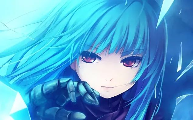 青い髪と茶色の目を持つ美しいアニメ キャラクターの女の子の素晴らしいイメージ