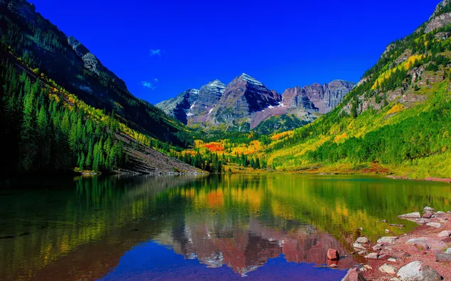 青い空、木々、雪に覆われた山頂が湖に映る