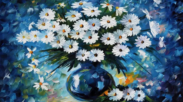 青い色調の異なる色の背景の前に花瓶に黄色と白の手描きの花