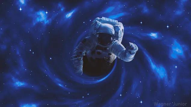 青い宇宙を移動する宇宙飛行士