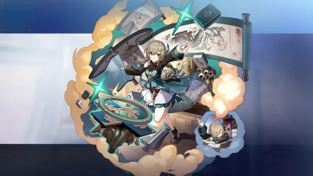 Qingque Diviner fra Divination Commission på Xianzhou Luofu og en bibliotekar 4K baggrundsbillede