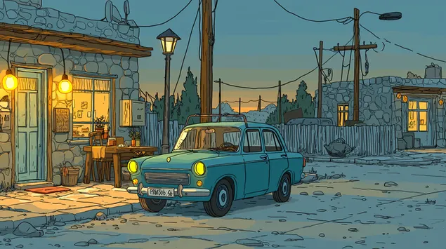 רחוב כפר ציורי עם מכונית קלאסית בדמדומים 2K טפט