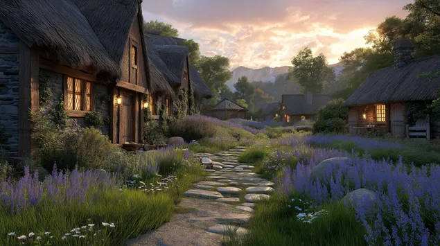 E pittoreskt Duerf mat engem Steewee bei Sonnenënnergang 2K Tapeten