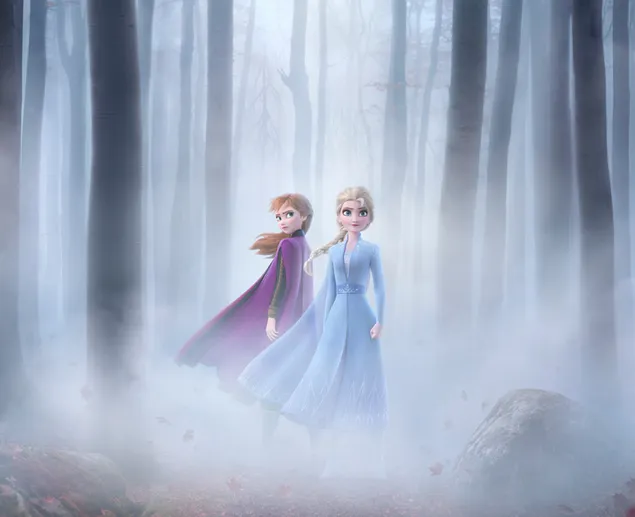 La reina Elsa y la princesa Anna en el bosque lleno de smog 2K fondo de pantalla
