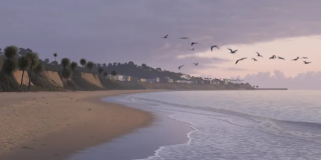 tranquila costa con palmeras y aves marinas descargar