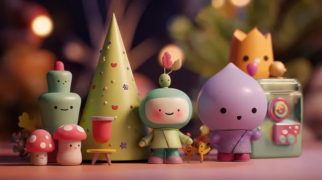 דמויות מוזרות בסצנה מיניאטורית שובבה ומסוגננת 2K טפט