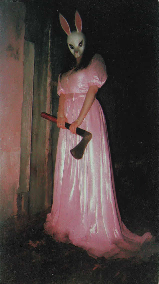 konynmaskerfiguur met byl in somber omgewing aflaai