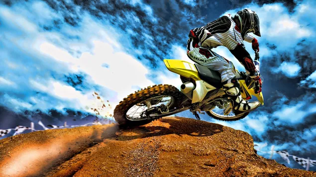 Racer in white suit with yellow motorcycle fighting on dirt road in motor racing