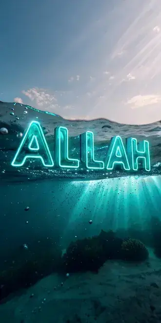 Stralende 3D neon "ALLAH" te midden van een rustige onderwatergloed 2K achtergrond