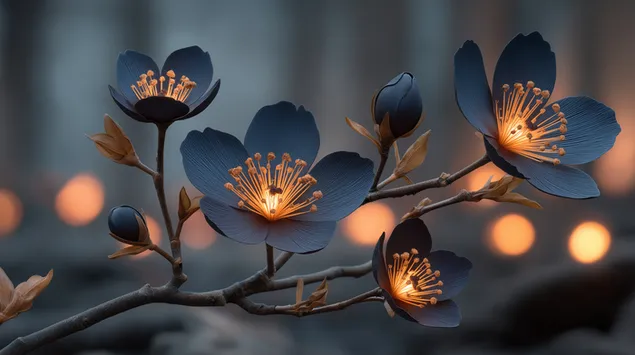 Ταπετσαρία Λαμπερά σκούρα φανταστικά λουλούδια με εμφανή χρυσά κέντρα 2K