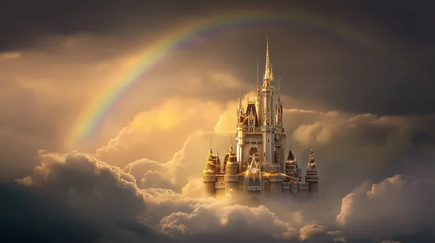 castell de conte de fades radiant enmig de nuvols daurats de posta de sol baixada