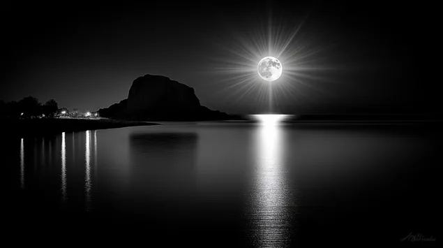 gealach lan lonrach thar uisci dorcha agus talamh i gcein ioslodail