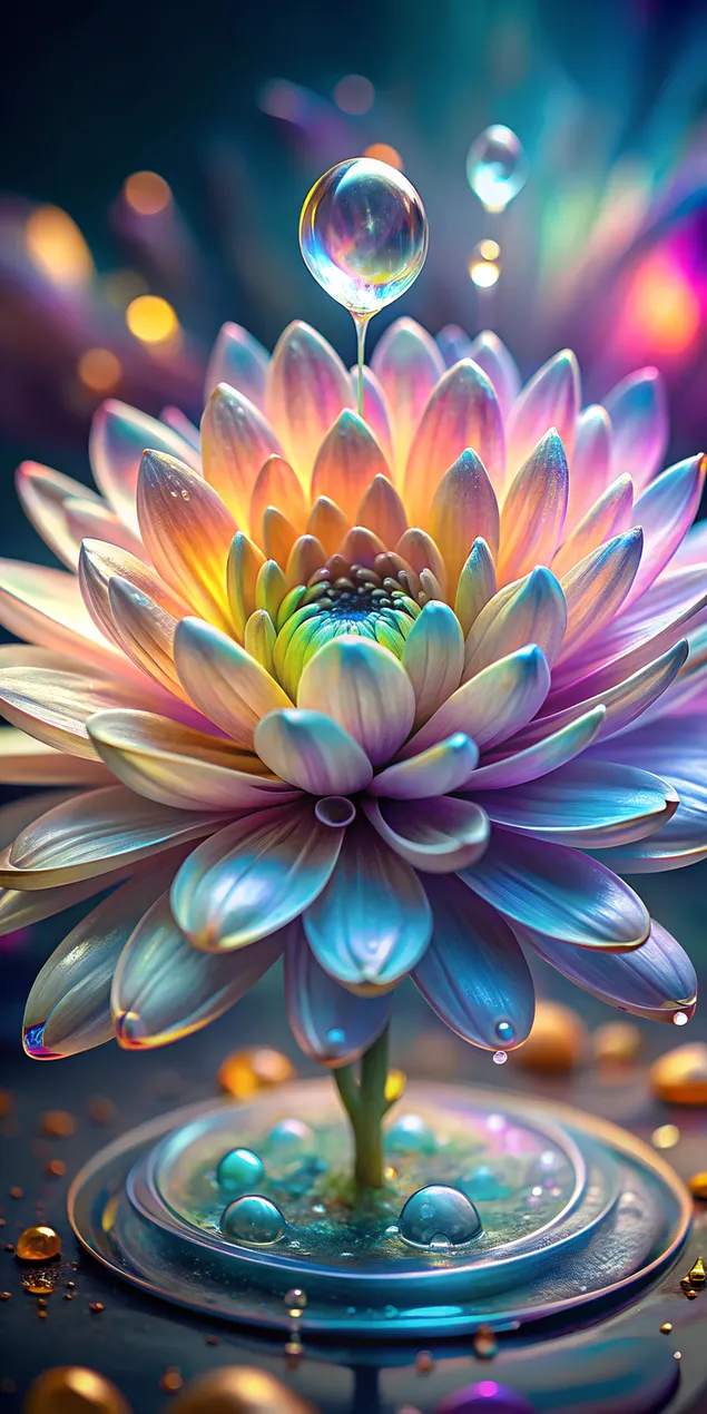 Strålende glassblomst som flyter i et uendelig tomrom i pastell 2K bakgrunn