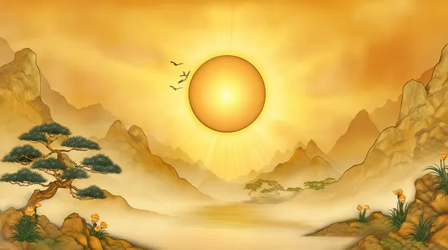Landskap Emas Berseri dengan Gunung dan Matahari 2K kertas dinding