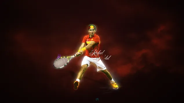 Rafael Nadal slaat een tennisbal met zijn racket