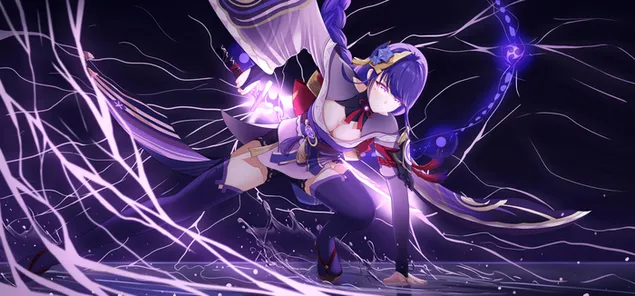 Raiden Ei a polearm elektro erejét használja (Ganshin Impact) 8K háttérkép