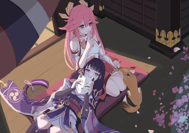 رايدن يرقد على ذراعي ييميكو | تأثير جانشين 4K خلفية