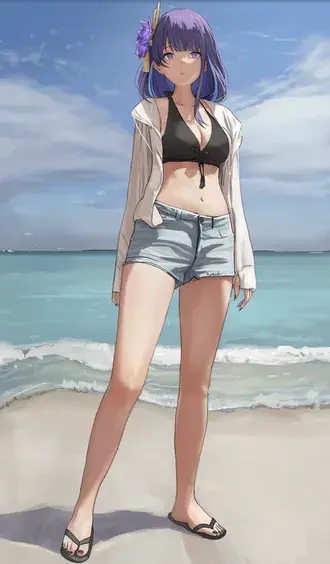 Raiden Shogun sozinho na praia | Impacto de Ganshin 2K papel de parede