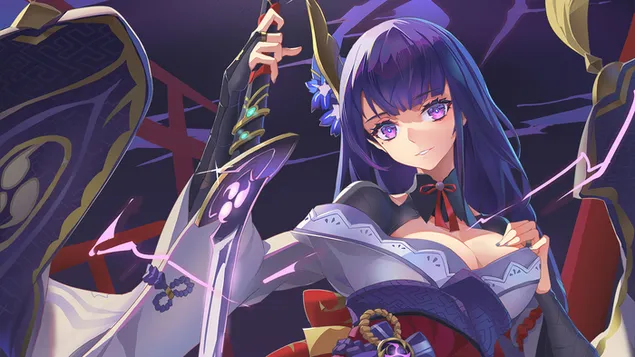 Taustpilt Raiden Shogun (tegelane Electro Polearm) – Genshin Impact (veebivideomäng) 4K