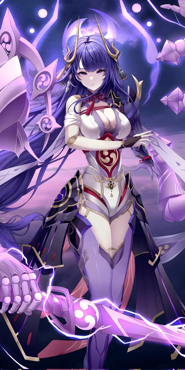 Raiden Shogun longo cabelo roxo e espada | Impacto de Ganshin 2K papel de parede