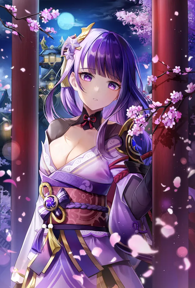 Raiden Shogun perto do templo | Impacto de Ganshin 2K papel de parede