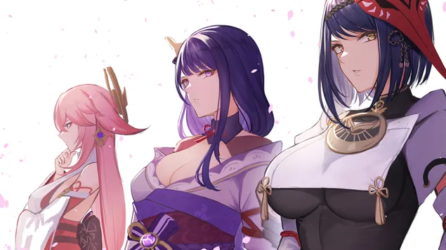 Raiden Shogun med Kujou & Miko | Genshin Impact [Anime-videospel] 4K bakgrund