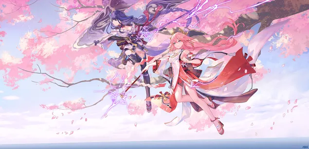 raiden shogun & yae miko together near the cherry tree | genshin impact  download