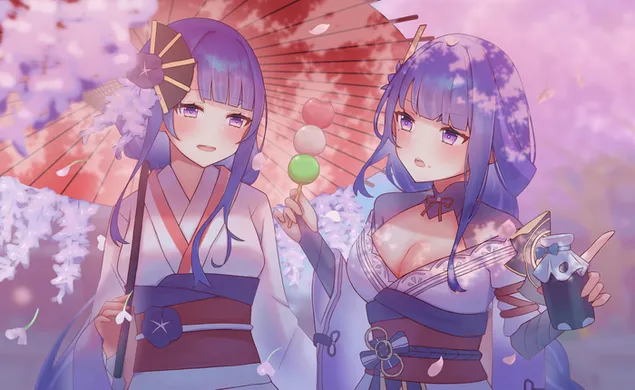 شقيقات رايدن يمشون معا | تأثير جينشين 2K خلفية