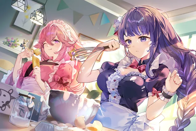 Raiden & Yae Miko ทำเค้กวันเกิดตอนเย็น | เก็นชิน อิมแพ็ค HD วอลเปเปอร์