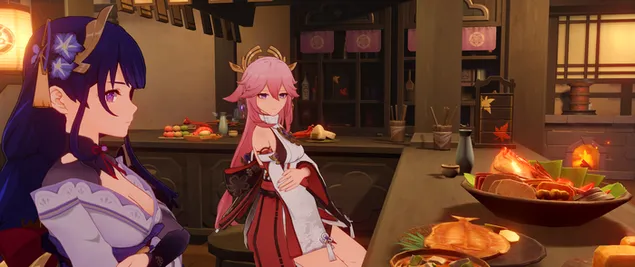 Taustakuva Raiden & Yea miko valmis aloittamaan illallisen | Ganshinin vaikutus 2K