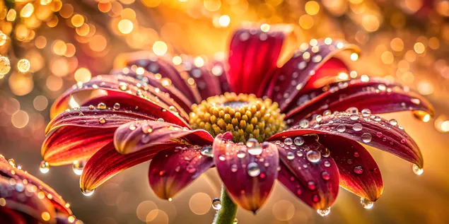 보석 같은 물방울과 황금빛 햇살이 비치는 보케가 있는 비에 젖은 꽃 4K 배경화면
