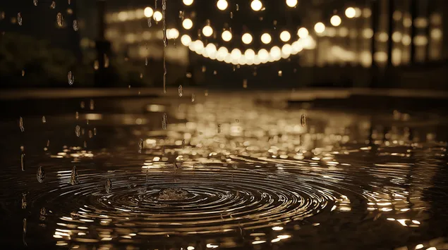 輝く祭りのライトの下、水たまりに落ちる雨粒 2K 壁紙