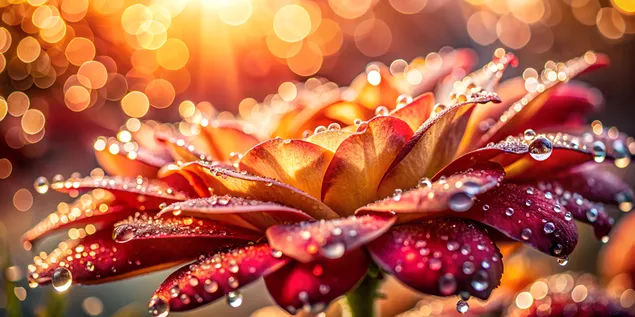 Reën gesoen blom met bloedrooi kroonblare en goue sonlig Bokeh 4K muurpapier