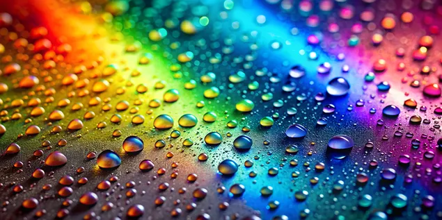 Varavīksnes krāsas ūdens pilieni uz zemes ar maigi izplūdušu fonu 4K fona tapete