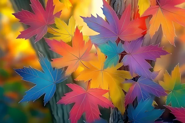 Daun Maple Berwarna Pelangi dalam Pemandangan Musim Gugur yang Meriah 2K kertas dinding