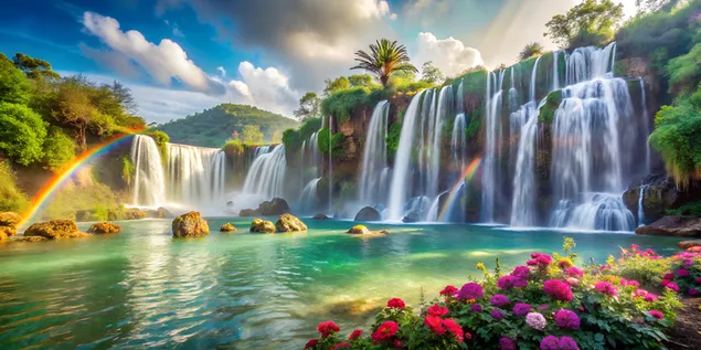 Air Terjun Pelangi Mengalir ke Laguna Kristal Dikelilingi Surga Bunga yang Semarak 4K wallpaper
