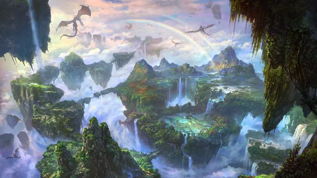 Rainbows and flying dinosaurs forming in waterfalls and forests look fantastic 4K wallpaper