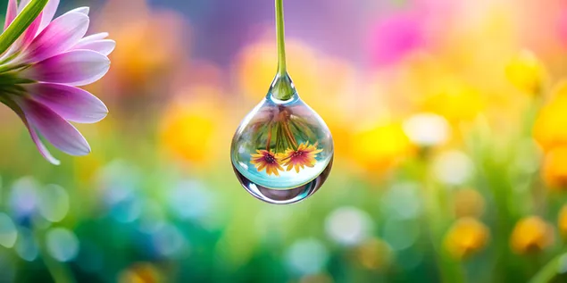 Pika e shiut në petalin e luleve që pasqyron një livadh të gjallë me ngjyra pastel 4K sfond