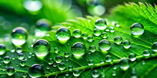 Tapeta Dažďové kvapky na lesných listoch trblietajúce sa v mäkkom rozptýlenom svetle 4K