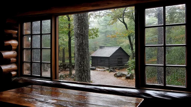 Pemandangan Kabin Hujan: Jendela Pedesaan yang Menghadap Pondok Hutan 2K wallpaper