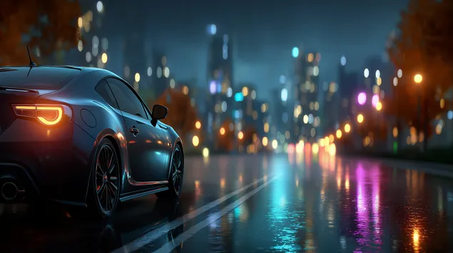 Regnerische Stadtfahrt mit lebendigen urbanen Reflexionen 2K Hintergrundbild