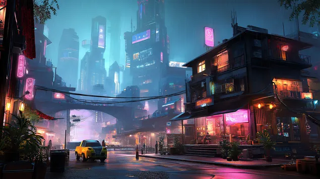 סצנת רחוב קיברנטית גשומה עם שילוט זוהר 2K טפט