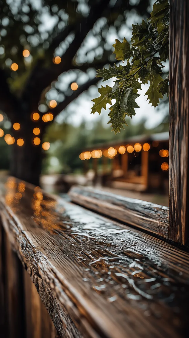 pesona hari hujan: bangku kayu basah dengan lampu bokeh unduhan