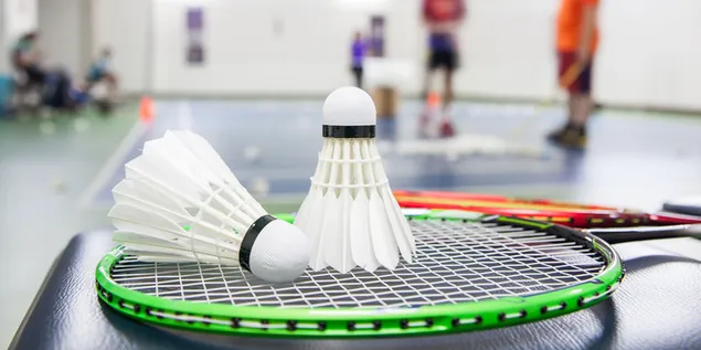 Raket dan bola bulu tergeletak di tanah di tempat latihan bulu tangkis unduhan
