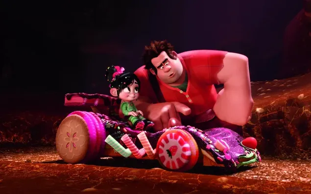 Ralfas ir Ralfas 2 animacinių filmų personažai šalia mažyčio automobilio 4K ekrano užsklanda