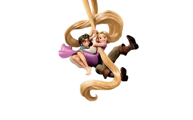 Tapeta Dievča z animovaného filmu Rapunzel a zmätený chlapec vo fialových šatách s blond dlhými vlasmi 2K