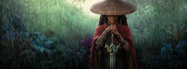 raya i ostatni smok, animowana dziewczyna z mieczem w dloni w czerwonej sukience ze slomkowym kapeluszem w dzungli pobierz